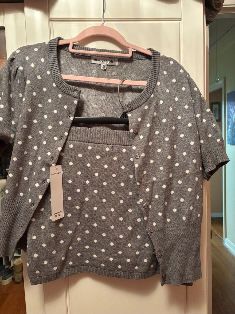 Madden Girl Gray and White Polka Dot Short-Sleeve Sweater Cardigan Set